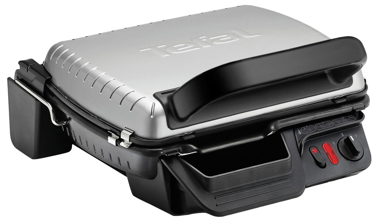 Silberner Kontaktgrill 2in1 von schräg oben mit schwarzem Griff und Bedienelementen an der Vorderseite