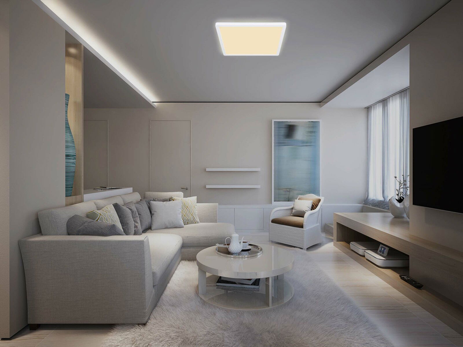 Moderne quadratische Deckenleuchte aus Kunststoff in einem stilvollen Wohnzimmer, von unten betrachtet.