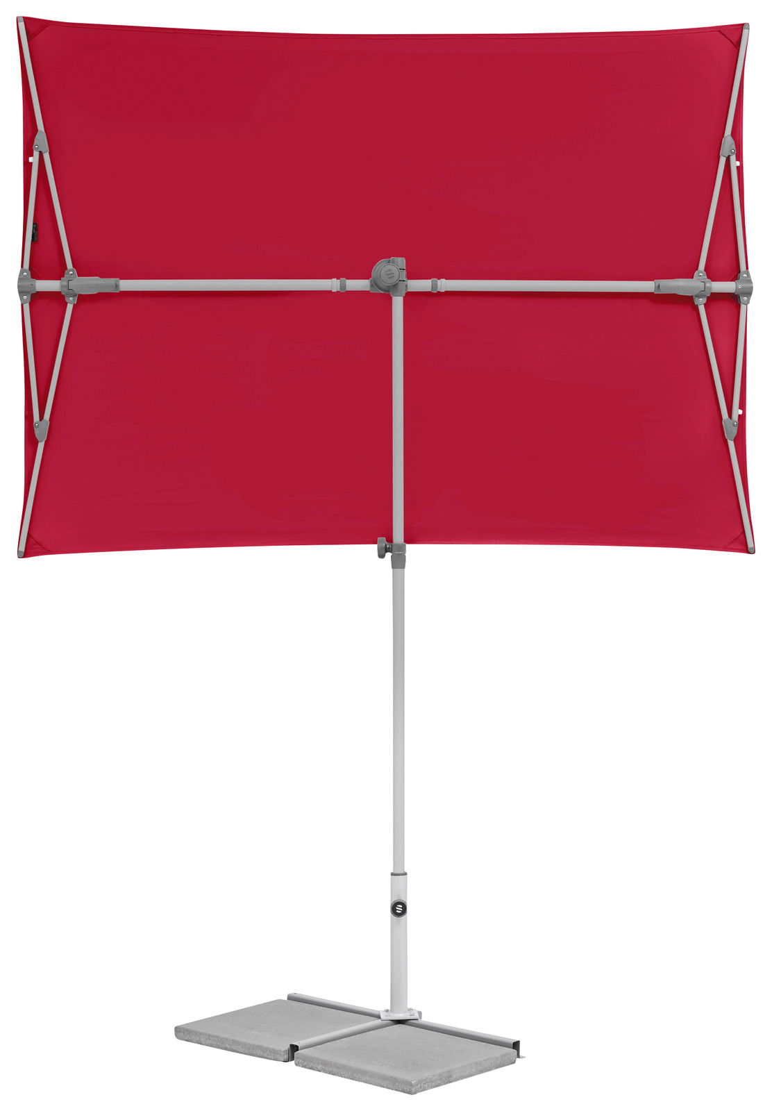 Roter rechteckiger Sonnenschirm mit stabilem Metallgestell, frontal abgebildet.