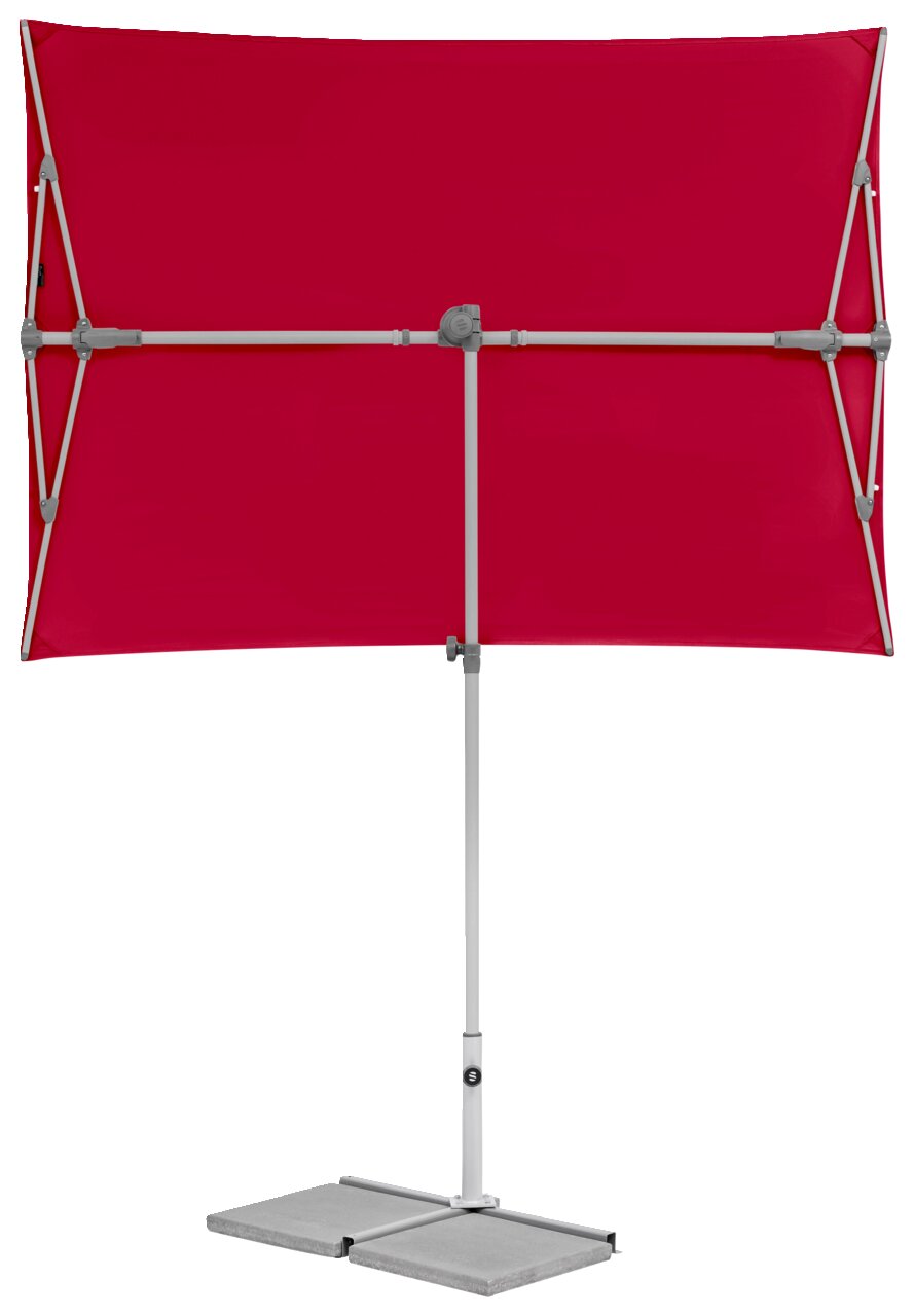 Roter rechteckiger Sonnenschirm mit stabilem Metallgestell, frontal abgebildet.