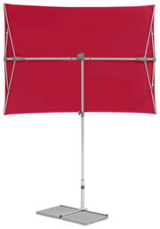 Roter rechteckiger Sonnenschirm mit stabilem Metallgestell, frontal abgebildet.