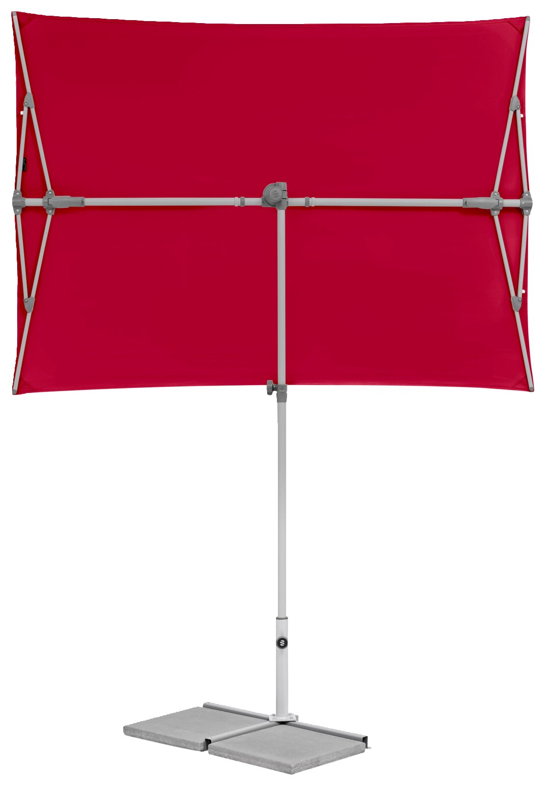 Roter rechteckiger Sonnenschirm mit stabilem Metallgestell, frontal abgebildet.