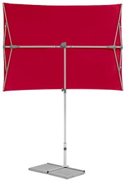 Roter rechteckiger Sonnenschirm mit stabilem Metallgestell, frontal abgebildet.