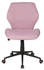 Moderner Drehstuhl in Rosa mit gesteppter Rückenlehne und Sitzfläche, schwarze Basis mit Rollen, Frontalansicht.