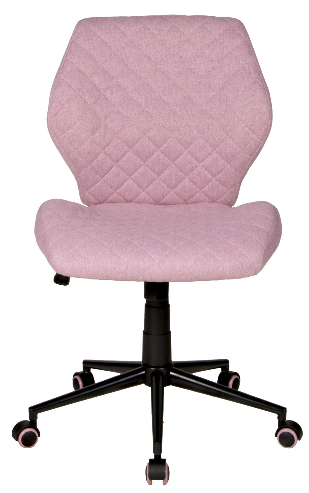 Moderner Drehstuhl in Rosa mit gesteppter Rückenlehne und Sitzfläche, schwarze Basis mit Rollen, Frontalansicht.