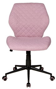 Moderner Drehstuhl in Rosa mit gesteppter Rückenlehne und Sitzfläche, schwarze Basis mit Rollen, Frontalansicht.