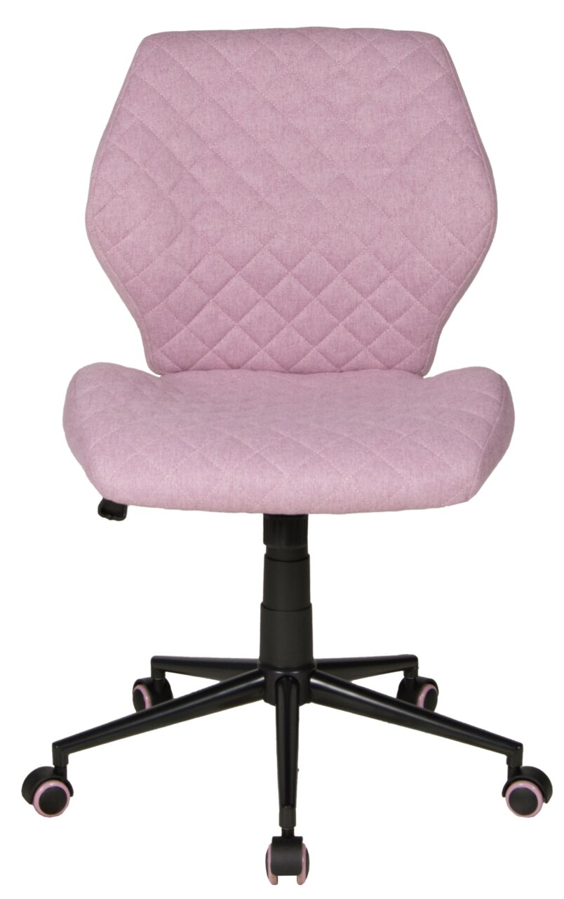Moderner Drehstuhl in Rosa mit gesteppter Rückenlehne und Sitzfläche, schwarze Basis mit Rollen, Frontalansicht.