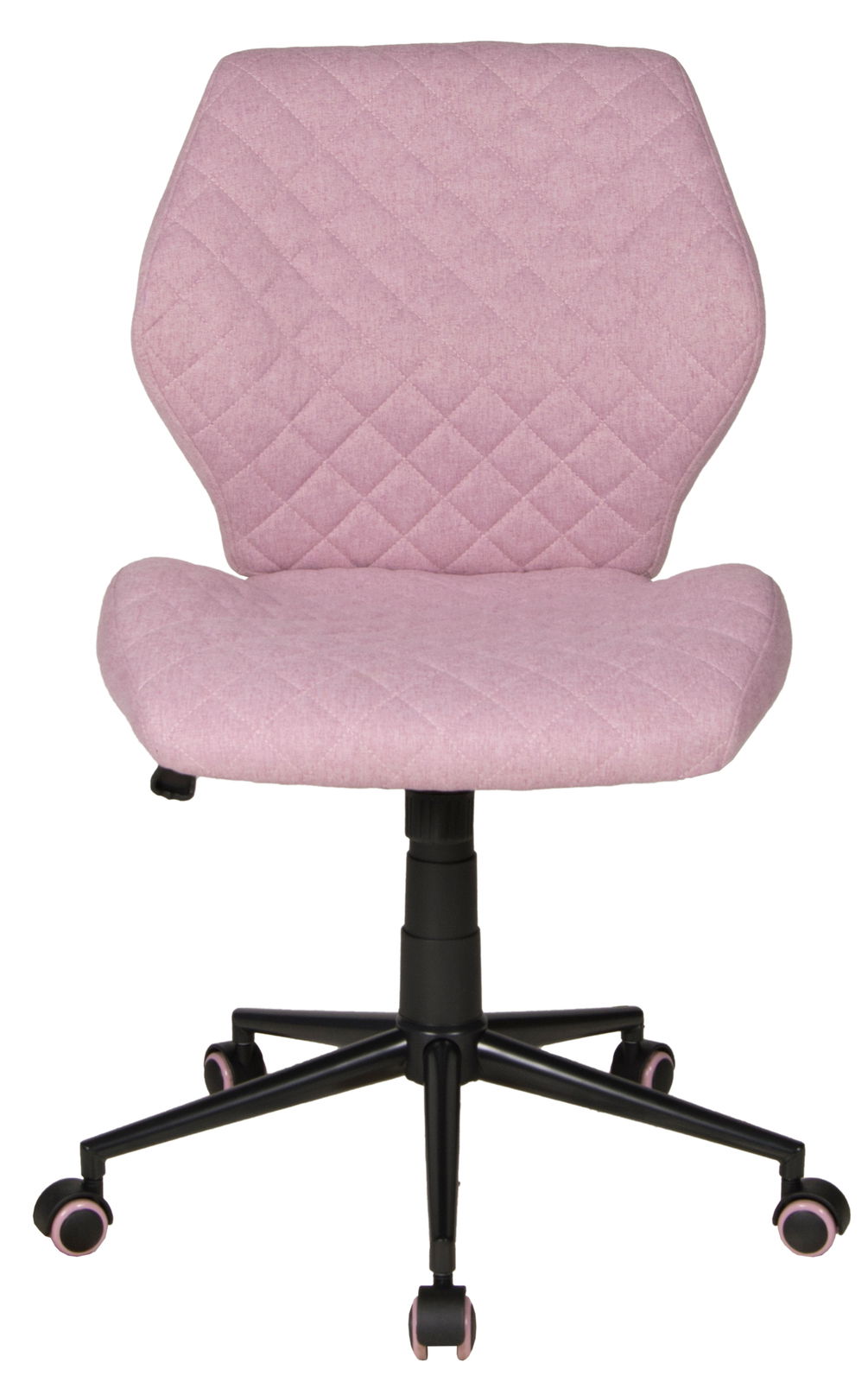 Moderner Drehstuhl in Rosa mit gesteppter Rückenlehne und Sitzfläche, schwarze Basis mit Rollen, Frontalansicht.