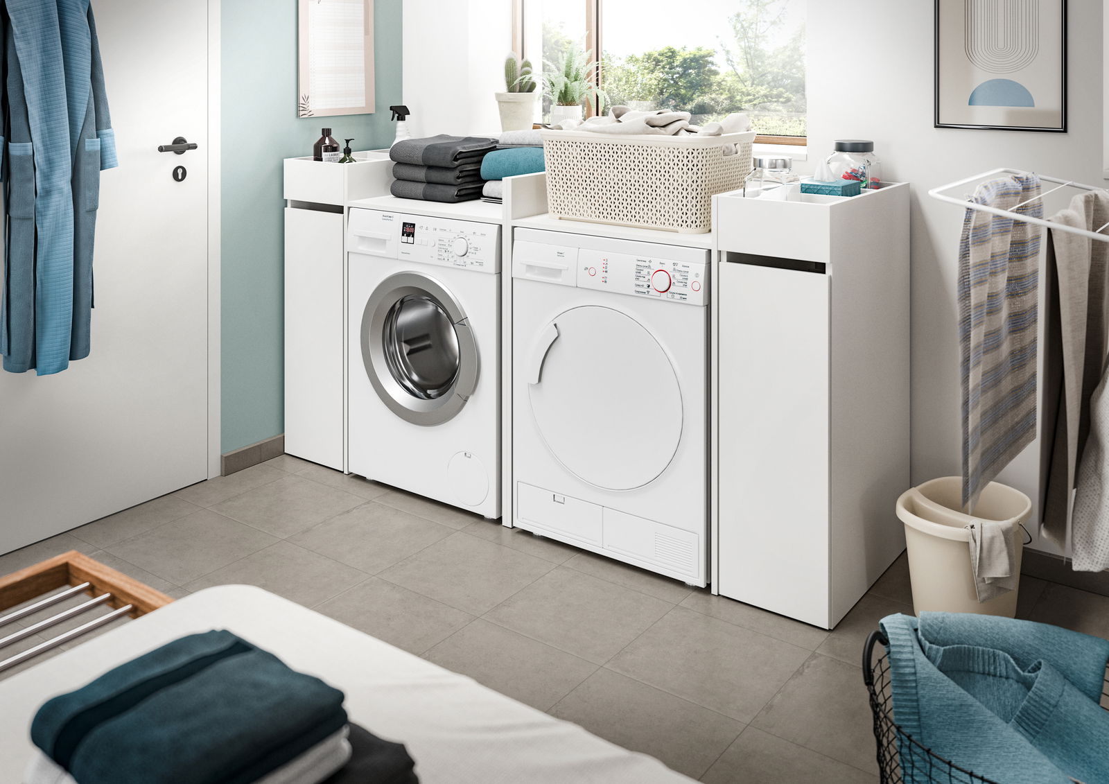 Waschküche mit Anstellregal, Waschmaschine und Trockner in moderner, heller Umgebung, seitliche Perspektive