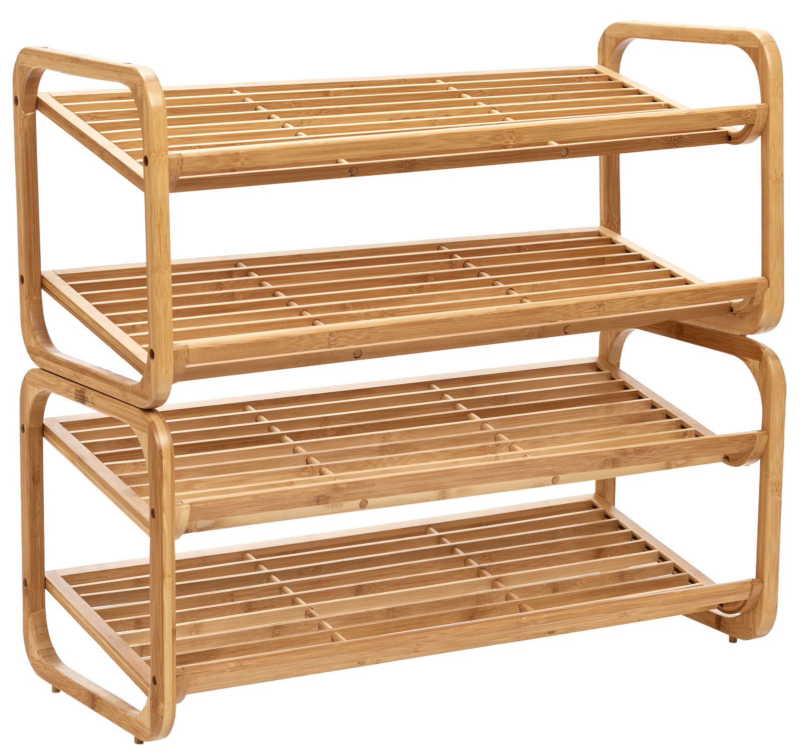 Schuhregal aus Holz mit drei Ablagen, seitliche Perspektive