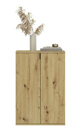 Frontale Ansicht eines Holzschranks mit zwei Türen, dekoriert mit einer Vase mit getrockneten Pflanzen und Büchern auf der Oberseite.