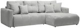 Graues Ecksofa mit mehreren Kissen, Ansicht von vorne.