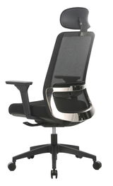 Moderner Drehstuhl mit Netzrückenlehne und Kopfstütze, seitliche Rückansicht