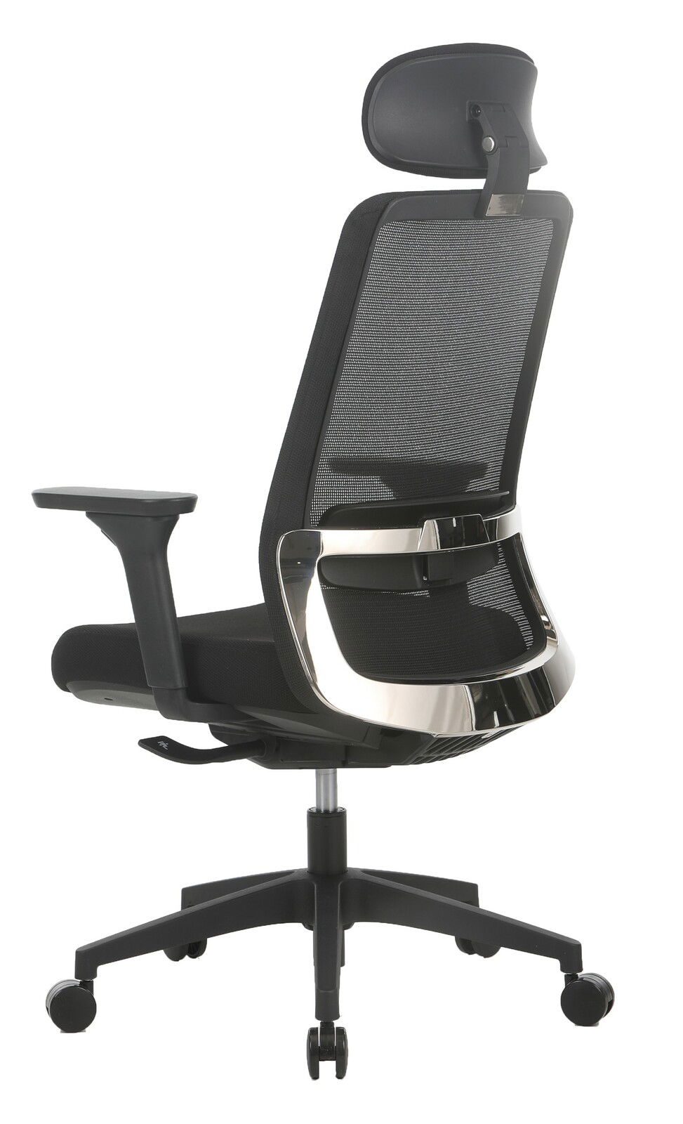 Moderner Drehstuhl mit Netzrückenlehne und Kopfstütze, seitliche Rückansicht