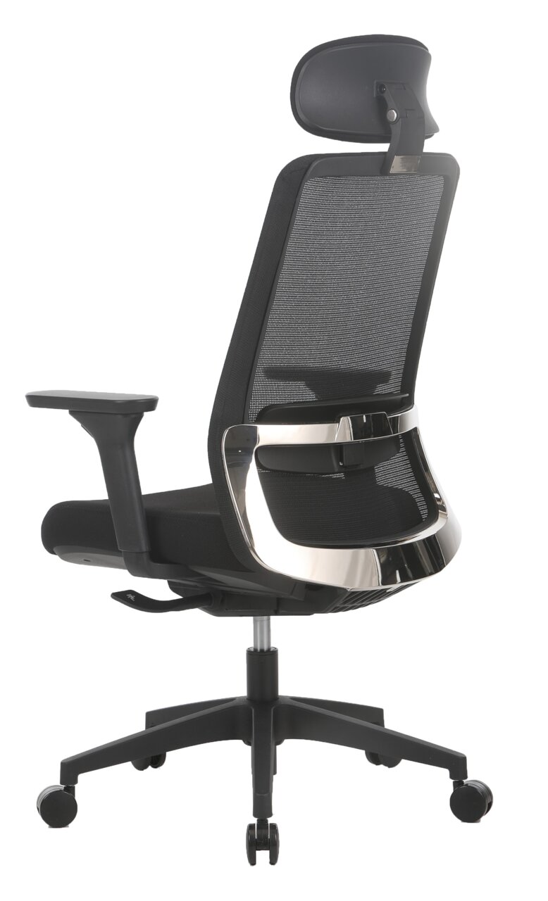 Moderner Drehstuhl mit Netzrückenlehne und Kopfstütze, seitliche Rückansicht