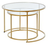 Rundes Couchtisch-Set aus zwei Tischen mit goldfarbenem Metallgestell und Glasplatte, seitliche Perspektive
