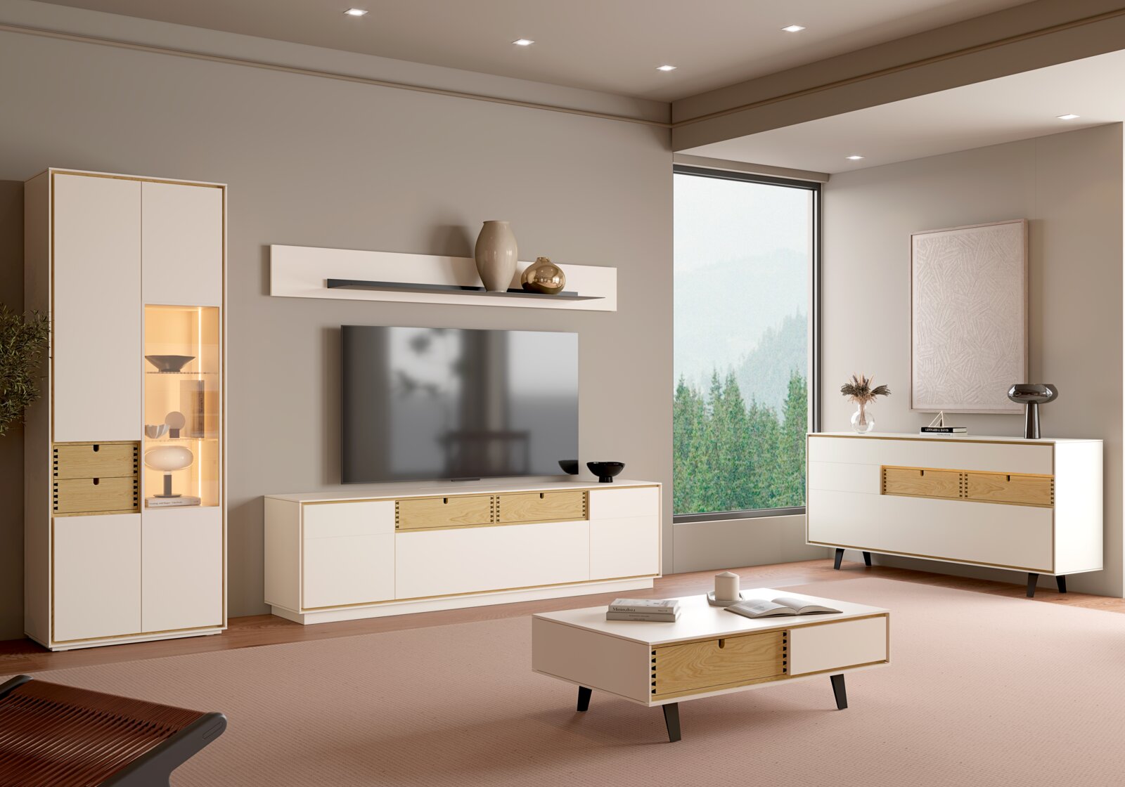 Alberto Martinelli Sideboard EVORA Modernes Wohnzimmer-Set in Weiß mit hellen Holzelementen: hohe Vitrine mit Beleuchtung, TV-Lowboard mit Fernseher und Wandboard, Sideboard und Couchtisch auf schwarzen Füßen, gezeigt in frontaler Raumansicht mit leicht seitlicher Perspektive.