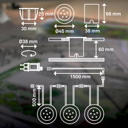 Technische Zeichnung eines Edelstahl-Starter-Sets mit verschiedenen Komponenten und Maßen, seitliche Perspektive.