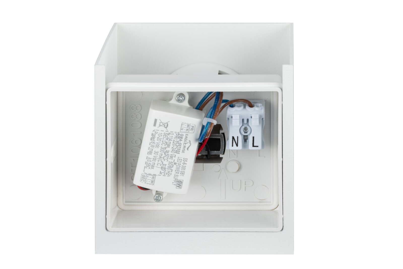 Rückansicht einer LED-Wandleuchte mit sichtbaren elektrischen Anschlüssen und Verkabelung.