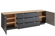 TV-Sideboard mit Holzoberfläche und grauen Schubladen, offene Türen und Schubladen, seitliche Perspektive