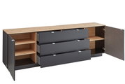 TV-Sideboard mit Holzoberfläche und grauen Schubladen, offene Türen und Schubladen, seitliche Perspektive
