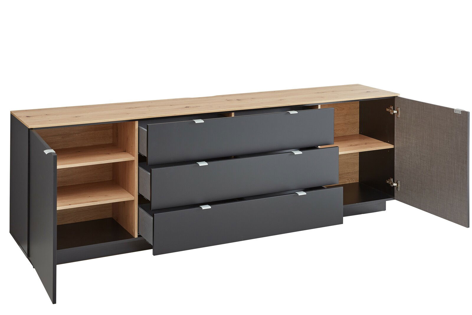 TV-Sideboard mit Holzoberfläche und grauen Schubladen, offene Türen und Schubladen, seitliche Perspektive