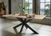 Moderne houten eettafel met een zwart metalen onderstel, gezien vanaf de zijkant, gedecoreerd met serviesgoed en planten, voor een groot raam met uitzicht op de stad.