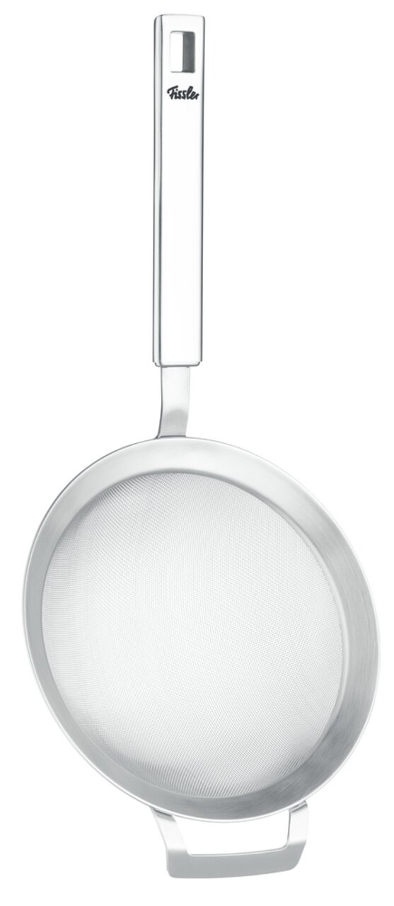 Küchensieb aus Edelstahl, Draufsicht, mit langem Griff und feinem Netz, ideal zum Abseihen von Flüssigkeiten und Sieben von Zutaten.