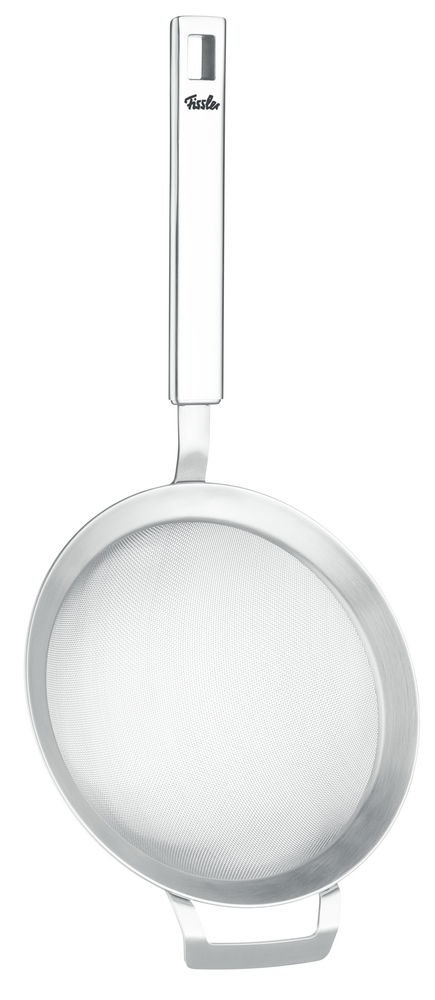 Küchensieb aus Edelstahl, Draufsicht, mit langem Griff und feinem Netz, ideal zum Abseihen von Flüssigkeiten und Sieben von Zutaten.