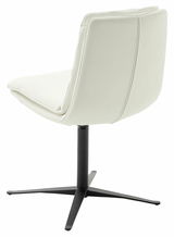 Rückansicht eines modernen weißen Stuhls mit schwarzem Metallfuß, perspektivisch von hinten aufgenommen.