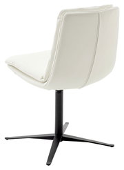 Rückansicht eines modernen weißen Stuhls mit schwarzem Metallfuß, perspektivisch von hinten aufgenommen.