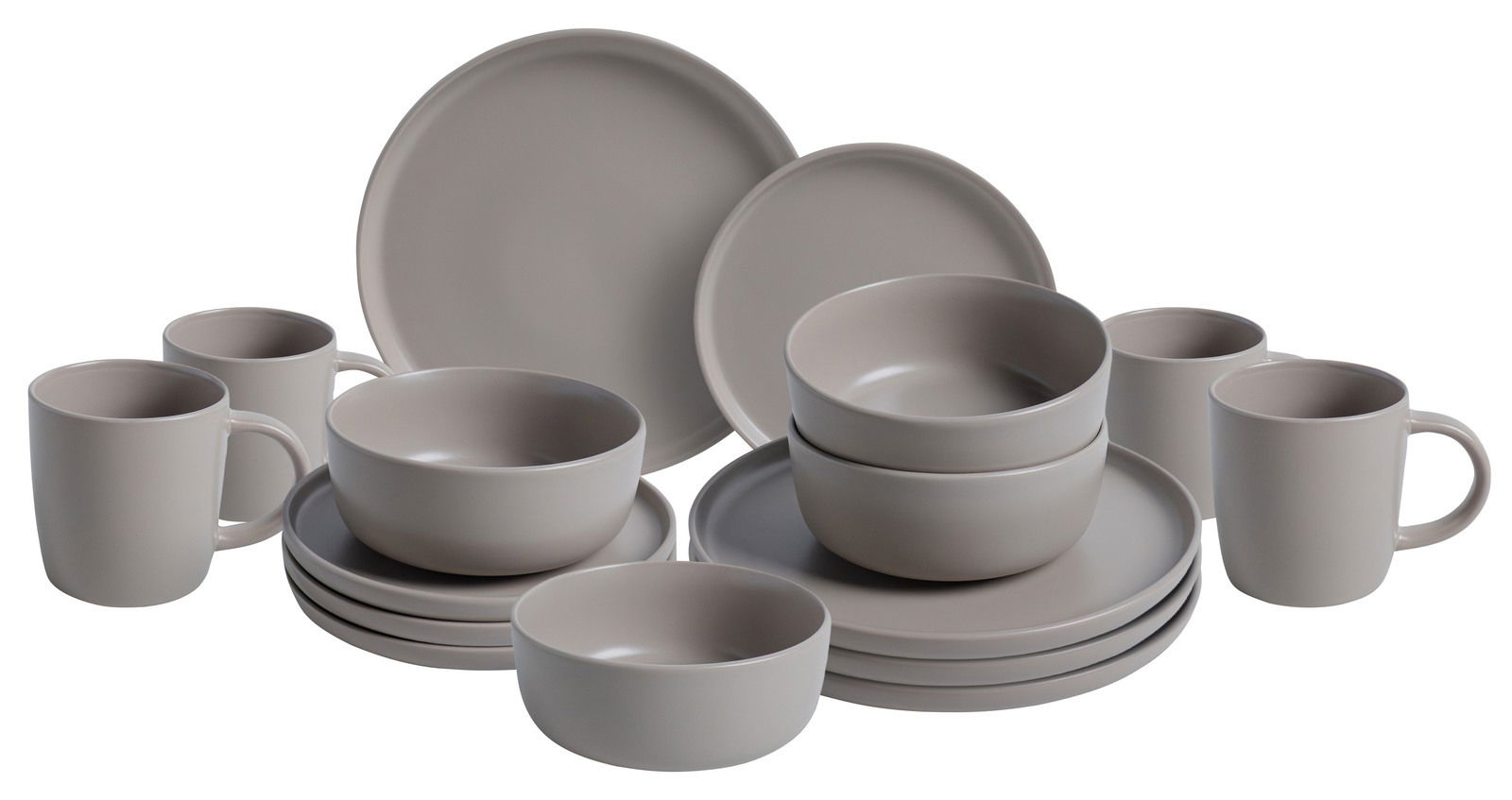 Kombiservice 16-tlg. in grauer Farbe, bestehend aus Tellern, Schalen und Tassen, aus seitlicher Perspektive fotografiert.