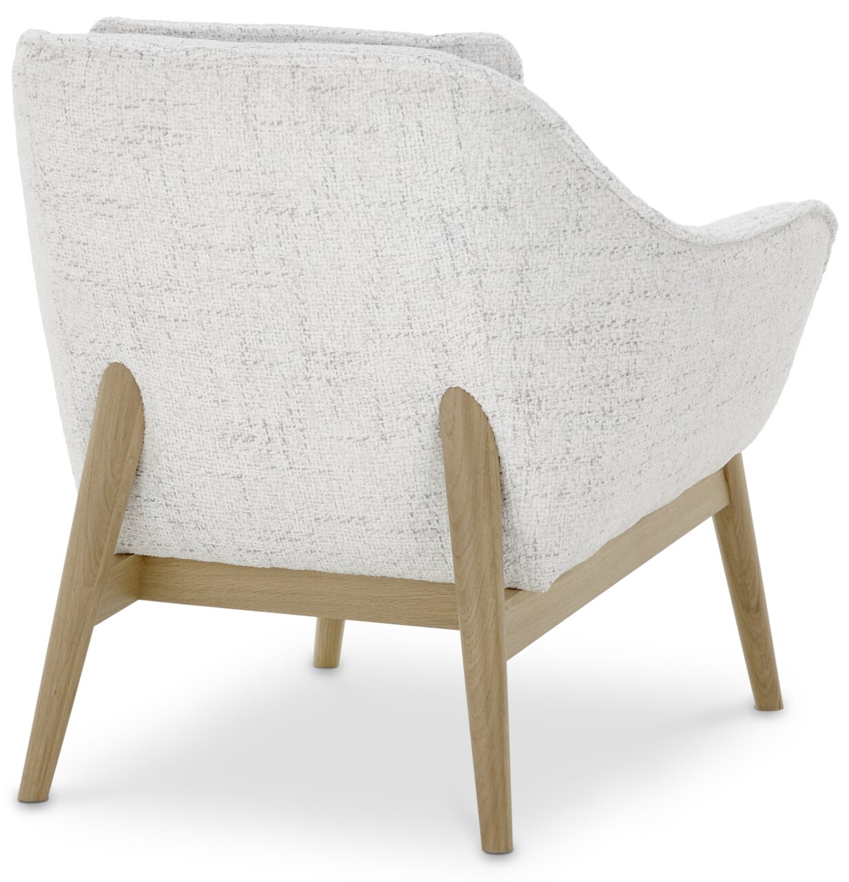 Rückansicht eines Sessels mit hellem Stoffbezug und Holzbeinen, Perspektive von hinten.