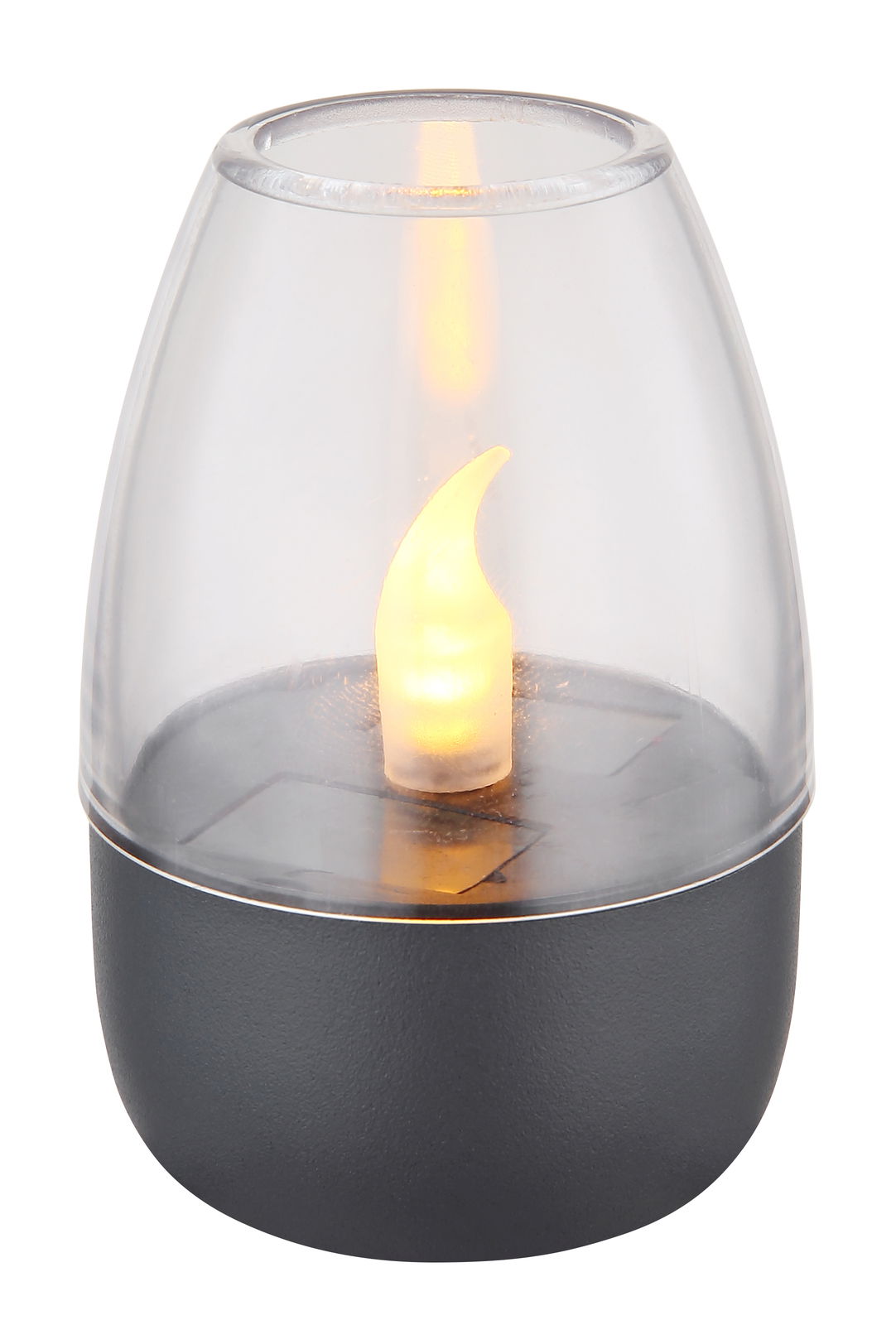 Nahaufnahme einer Solarleuchte mit flammenförmigem LED-Licht in einem transparenten Gehäuse auf einem dunklen Sockel.