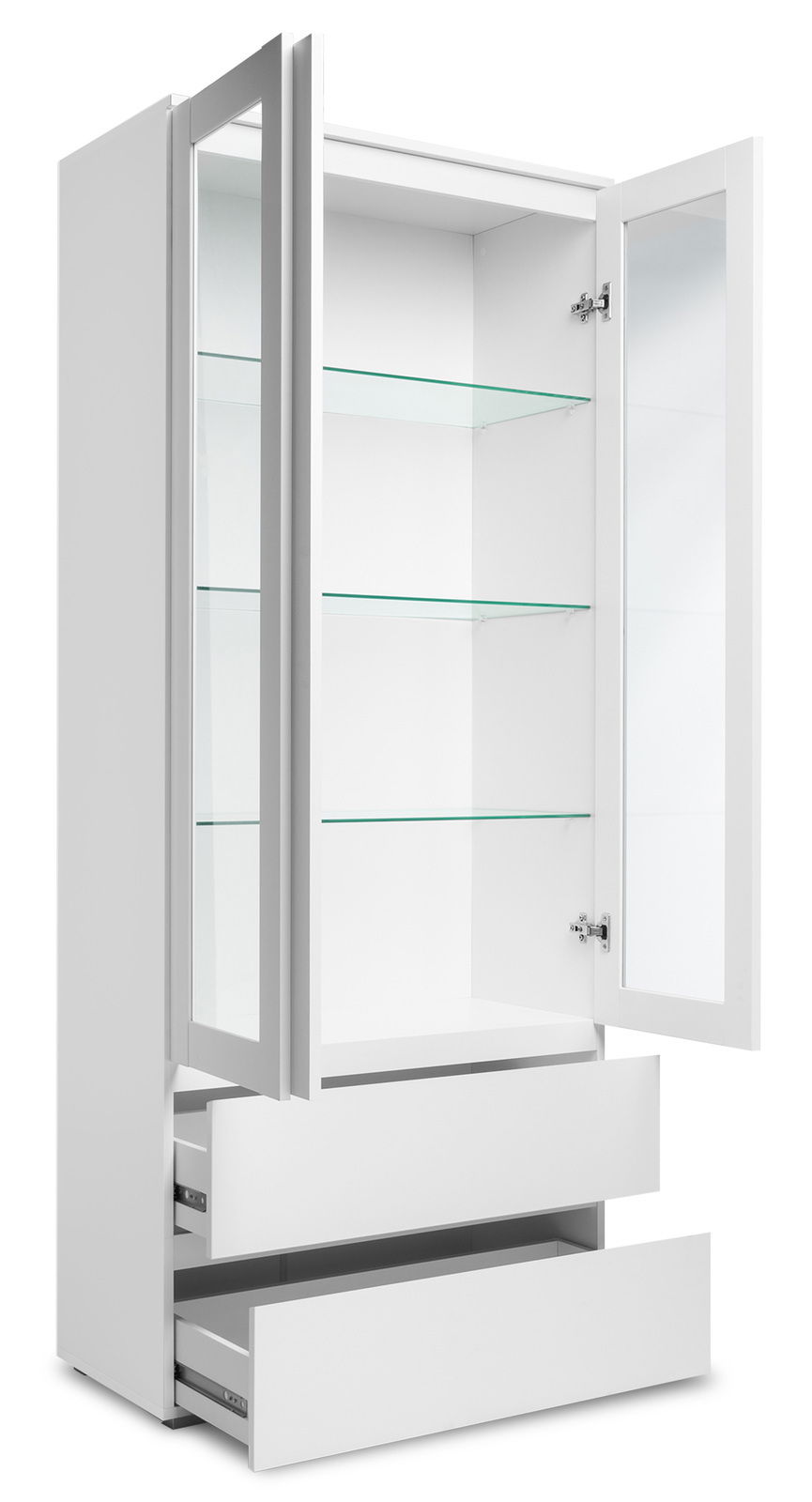 Weiße Vitrine mit Glastüren und Schubladen, frontal geöffnet