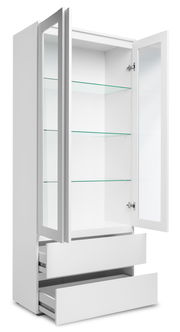 Weiße Vitrine mit Glastüren und Schubladen, frontal geöffnet