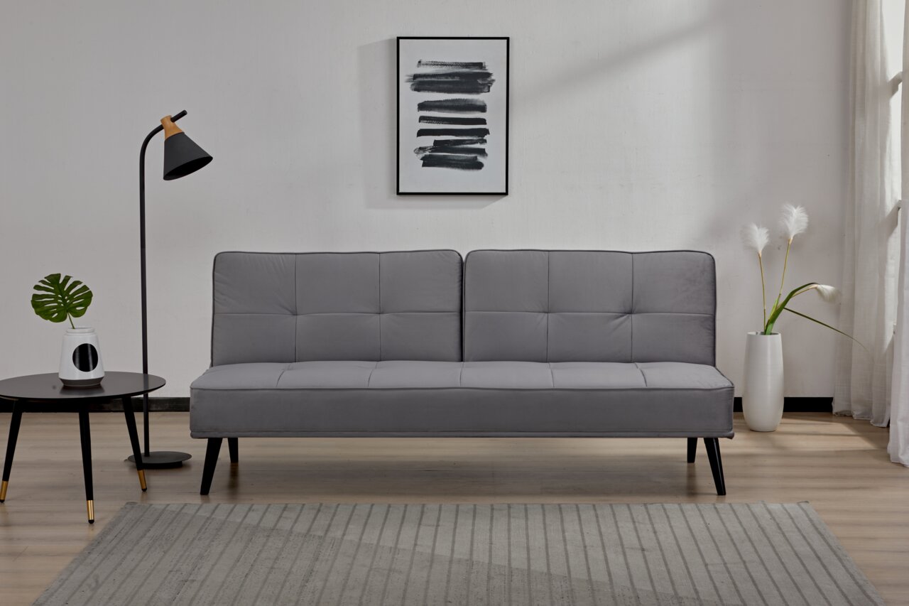 Graues Funktionssofa in modernem Wohnzimmer, Frontalansicht