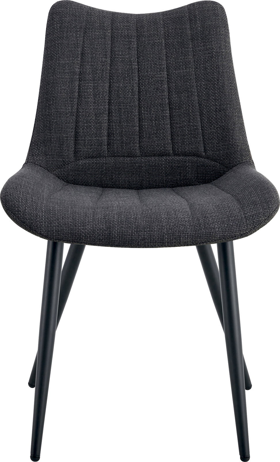 Dunkelgrauer Polsterstuhl mit strukturierter Stoffpolsterung, vertikaler Steppung und schwarzen Metallbeinen, Frontansicht.