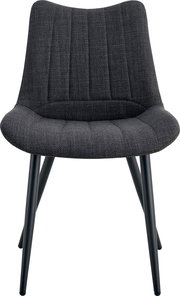 Dunkelgrauer Polsterstuhl mit strukturierter Stoffpolsterung, vertikaler Steppung und schwarzen Metallbeinen, Frontansicht.