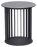 Runder Beistelltisch mit schwarzer Tischplatte und vertikalen Streben, seitliche Perspektive