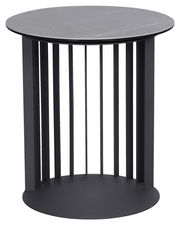 Runder Beistelltisch mit schwarzer Tischplatte und vertikalen Streben, seitliche Perspektive