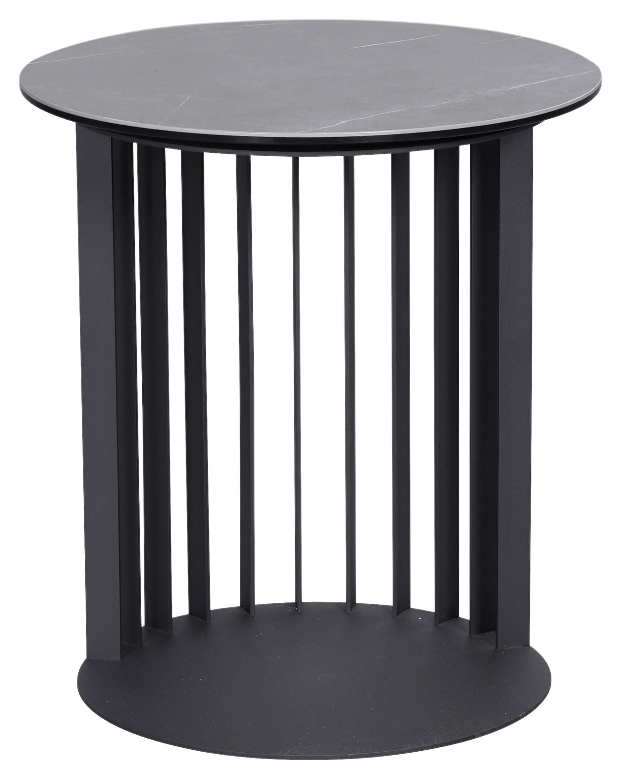 Runder Beistelltisch mit schwarzer Tischplatte und vertikalen Streben, seitliche Perspektive