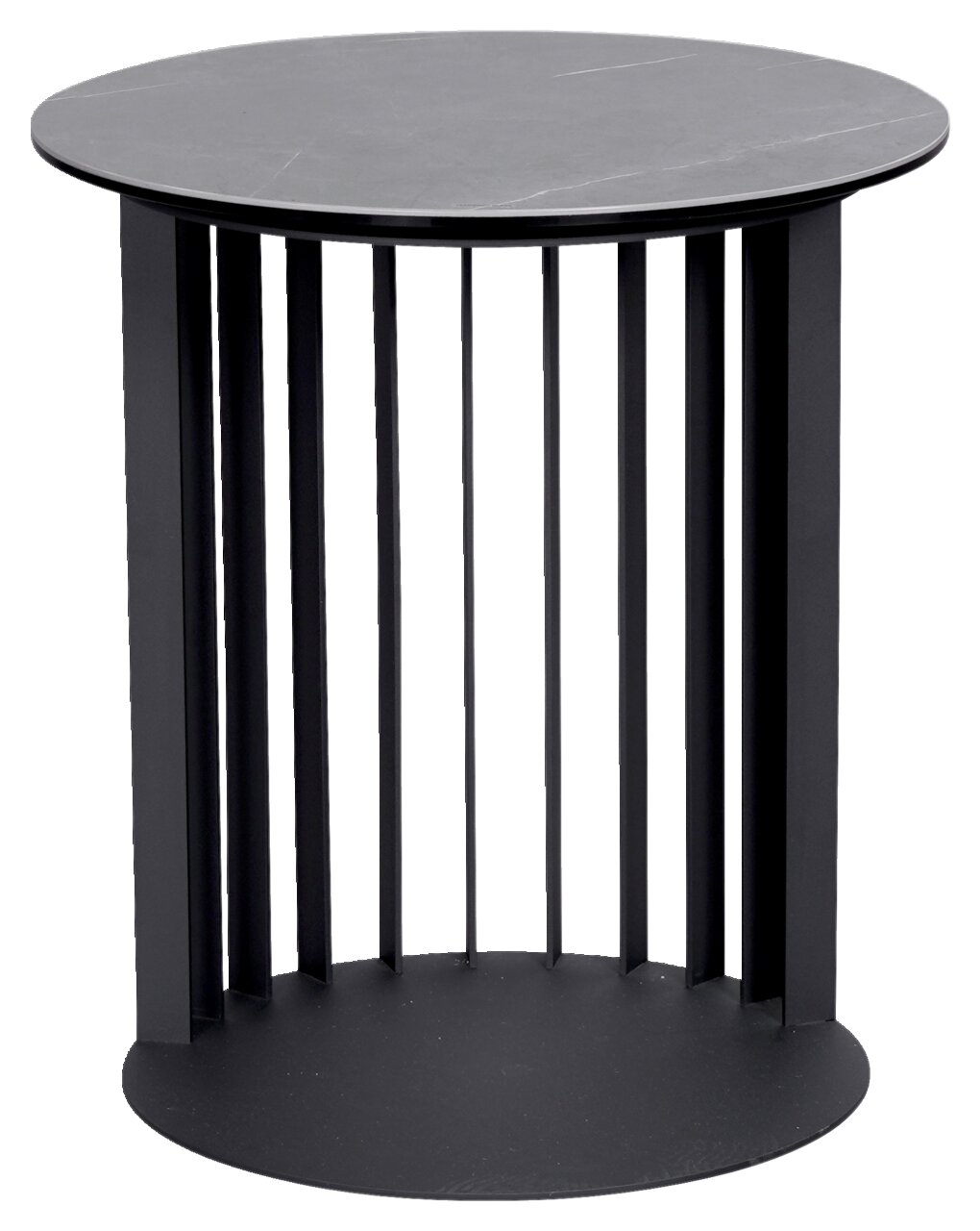 Runder Beistelltisch mit schwarzer Tischplatte und vertikalen Streben, seitliche Perspektive