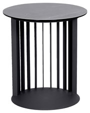 Runder Beistelltisch mit schwarzer Tischplatte und vertikalen Streben, seitliche Perspektive