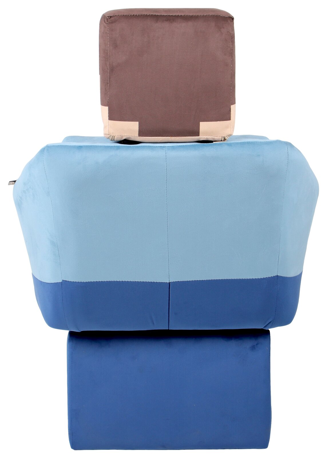 Rückansicht eines gepolsterten Sitzmöbels in Blockform mit zweifarbigem Bezug in Hellblau und Dunkelblau sowie brauner Kopfstütze vor weißem Hintergrund
