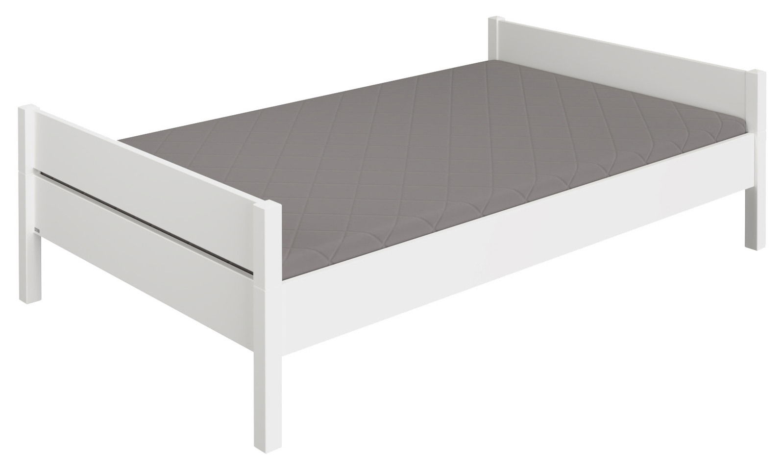 Paidi Bett TIAGO Weißes Einzelbett mit grauer Matratze, seitliche Perspektive