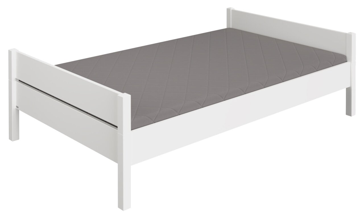Weißes Einzelbett mit grauer Matratze, seitliche Perspektive