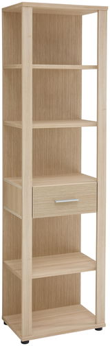 Hohes Aktenregal aus Holz mit mehreren offenen Fächern und einer Schublade, seitliche Perspektive