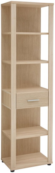 Hohes Aktenregal aus Holz mit mehreren offenen Fächern und einer Schublade, seitliche Perspektive