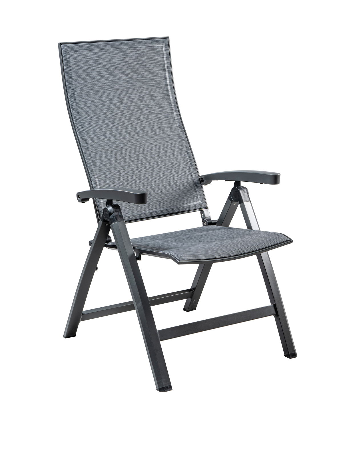 Moderner Klappsessel Stern KARI in seitlicher Perspektive, mit grauem Textilbezug und schwarzem Metallrahmen.